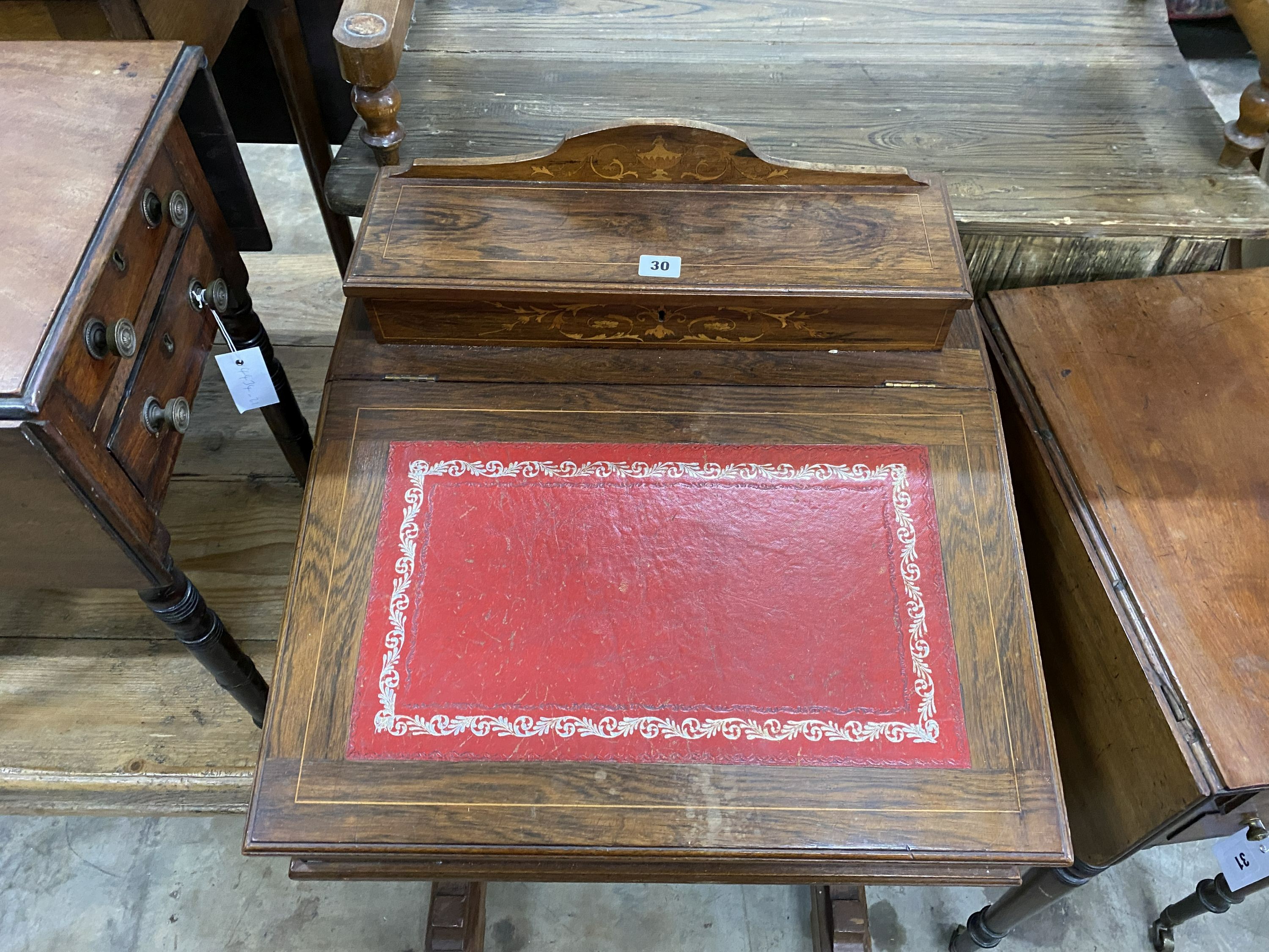 A late Victorian marquetry inlaid rosewood Davenport, width 53cm, depth 54cm, height 86cm